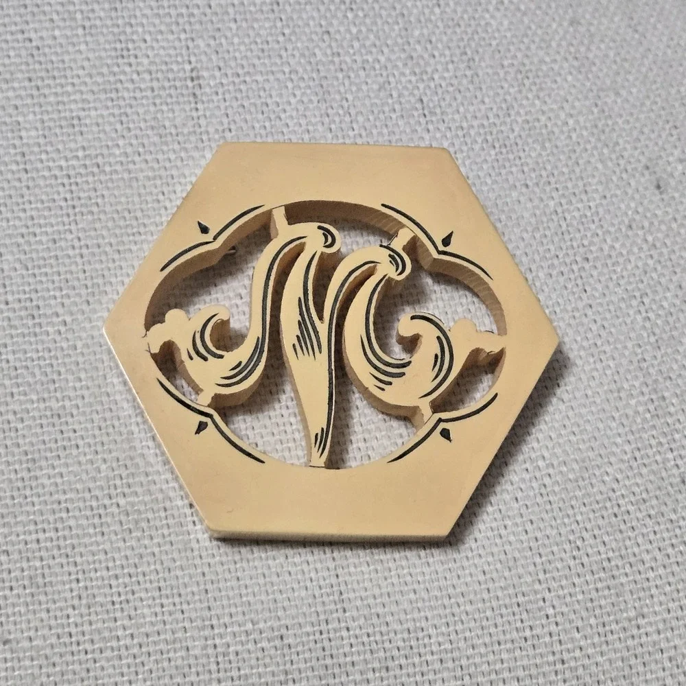 Vintage Bakelite Monogram Custard Brooch Open Work Carved  Art Deco